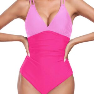 one piece swim pink colorblock v neck